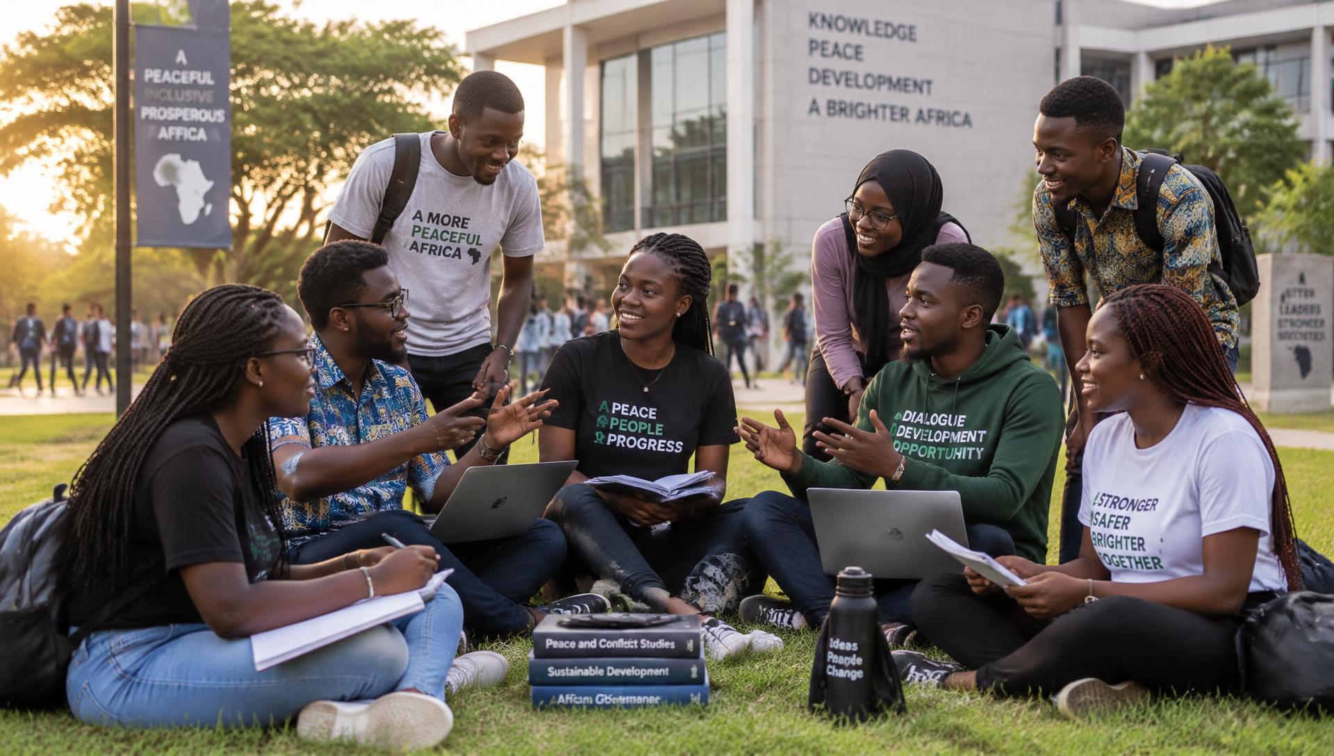 Eight university students discussing in a circle on the campus lawn